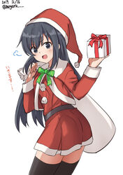  alternate_costume asashio_(kancolle) bad_id bad_twitter_id black_eyes black_hair black_thighhighs box christmas commentary_request cowboy_shot dated dress female from_behind fur-trimmed_dress fur_trim gift gift_box hat highres kantai_collection long_hair looking_at_viewer looking_back meguru_(megurunn) one-hour_drawing_challenge red_dress red_hat sack santa_costume santa_hat simple_background smile solo standing thighhighs twitter_username white_background 