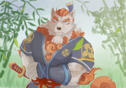  2021 anthro asian_clothing asian_mythology bamboo bamboo_tree beard blue_eyes canid chest_tuft clothed clothing colored east_asian_clothing east_asian_mythology elbow_fur eyebrows facial_hair fingers foo_dog fur hair hi_res humanoid_hands japanese_clothing japanese_mythology katana komainu male mammal melee_weapon muscular muscular_anthro muscular_arms muscular_male mythology orange_beard orange_eyebrows orange_facial_hair orange_hair orange_tail plant rujiawoof501 sdorica solo sword tail thick_eyebrows tied_hair topwear toyokuni tree tuft weapon white_body white_fur yokai 