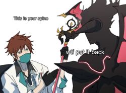  1boy 1other avatar_(granblue_fantasy) black_gloves brown_eyes brown_hair demon doctor doctor_(granblue_fantasy) english_text gloves gran_(granblue_fantasy) granblue_fantasy horns lawzanid mask meme mouth_mask short_hair staff this_is_your_spine_(meme) wings 