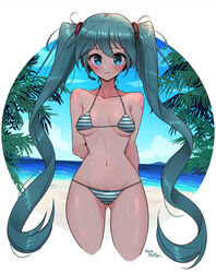  aqua_eyes aqua_hair beach bikini blue_sky cloud commentary cowboy_shot day female green_bikini hatsune_miku highres horizon long_hair looking_at_viewer ocean outdoors sky solo standing striped_bikini striped_clothes swimsuit twintails very_long_hair vocaloid wakaba_(wata_ridley) 