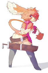  anthro ass belt breasts butt_pose clothing dragon female fluffy fluffy_ears fluffy_hair fur furred_dragon furred_scalie fuzisawa hair hands_behind_back legwear long_ears long_tail looking_at_viewer medium_breasts melee_weapon mythological_creature mythological_scalie mythology pink_body pink_eyes pink_fur pink_hair pose scalie scarf solo stockings sword sword_sheath tail tan_body tan_fur thin_tail weapon 