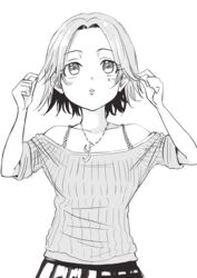  absurdres collarbone commentary female greyscale highres idolmaster idolmaster_cinderella_girls jewelry medium_hair monochrome necklace nikumaru off-shoulder_shirt off_shoulder ohta_yuu parted_bangs parted_lips ribbed_shirt shirt skirt solo upper_body 