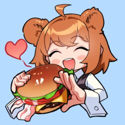  :d animal_ears bangs bear_ears black_vest blue_background blush brown_hair burger chibi closed_eyes ett female food girls&#039;_frontline grizzly_mkv_(girls&#039;_frontline) grizzly_mkv_(teddy_transform!)_(girls&#039;_frontline) heart holding holding_food long_sleeves open_mouth shirt simple_background smile solo vest white_shirt 