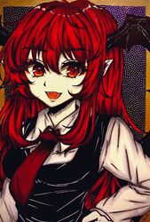  abstract_background black_vest collared_shirt commentary demon_girl demon_wings diamond-shaped_pupils diamond_(shape) fangs female hair_between_eyes hand_on_own_hip head_wings koakuma long_hair long_sleeves looking_away necktie open_mouth orange_eyes pointy_ears red_eyes red_hair red_necktie shiraniwa_rin shirt sidelocks sideways_glance slit_pupils solo symbol-shaped_pupils touhou traditional_media vest white_shirt wing_collar wings 