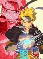  1boy blonde_hair commentary energy energy_ball facial_mark forehead_protector grey_shirt highres holding holding_knife in_mouth jacket knife knife_in_mouth konohagakure_symbol kunai looking_at_viewer magic male_focus mouth_hold naruto_(series) naruto_shippuuden ninja open_clothes open_jacket orange_jacket orange_pants pants rasengan sennin_mode shirt short_hair simple_background solo spiked_hair symbol-only_commentary taku_(aywakutakuay) uzumaki_naruto weapon whisker_markings yellow_background yellow_eyes 