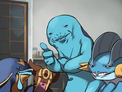  commentary_request door futaba_channel gastrodon horror_(theme) indoors looking_at_viewer mageres meme mizubaki neta no_humans parody pokemon pokemon_(creature) quagsire slug smile smug swampert teeth thumbs_up whiscash 