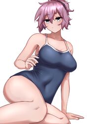  aoba_(kancolle) black_scrunchie blue_one-piece_swimsuit breasts clenched_hand competition_school_swimsuit female green_eyes highres ikadamo kantai_collection kneeling medium_breasts messy_hair one-piece_swimsuit pink_eyes ponytail school_swimsuit scrunchie short_hair simple_background sitting solo swimsuit white_background yokozuwari 