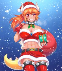  abs ass_visible_through_thighs bare_shoulders bell bell_earrings black_collar blush bowsette bracelet breasts breath brown_hair burbur christmas cleavage collar collarbone commentary_request covered_nipples cowboy_shot crop_top dark-skinned_female dark_skin earrings female fingernails forked_eyebrows fur_trim gift grin hat high_ponytail holding holding_gift horns impossible_clothes jewelry large_breasts long_hair looking_at_viewer mario_(series) midriff miniskirt navel neck_bell new_super_mario_bros._u_deluxe over_shoulder pointy_ears ponytail red_eyes red_hair red_nails sack santa_costume santa_hat sharp_fingernails sharp_teeth sidelocks skirt smile snowing solo spiked_bracelet spiked_collar spiked_shell spiked_tail spiked_thighlet spikes stomach strapless tail teeth thick_eyebrows thighhighs thighlet toned turtle_shell watermark 