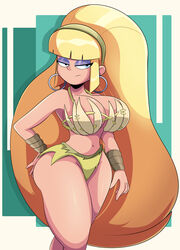  absurdres aged_up amazon_(company) arm_behind_back ass bare_arms bare_legs bare_shoulders blonde_hair blunt_bangs breasts cleavage closed_mouth commentary commission covering_breasts covering_privates cowboy_shot english_commentary eyeshadow female frown gravity_falls hair_ornament hand_on_own_hip high_ponytail highleg highres large_breasts long_hair looking_to_the_side makeup navel pacifica_northwest purple_eyeshadow regeice shaded_face shadow shiny_skin sidelocks simple_background solo sonson-sensei standing thick_thighs thighs tsundere wide_hips 