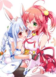  2girls ahoge animal_ears armband bare_shoulders bell black_gloves blush braid breasts carrot carrot_hair_ornament cherry_blossom_print commentary_request floral_print food-themed_hair_ornament frills gloves green_eyes hair_bell hair_between_eyes hair_ornament hairclip highres hololive long_braid long_hair medium_breasts multiple_girls nanaume_(shichimi_tougarashi) one_eye_closed one_side_up open_mouth pantyhose pink_hair pocket rabbit_ears rabbit_girl red_eyes sakura_miko sakura_miko_(1st_costume) sideboob sitting small_breasts symbol-shaped_pupils thick_eyebrows usada_pekora usada_pekora_(1st_costume) virtual_youtuber white_legwear x_hair_ornament 