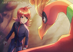  1boy absurdres ahoge arms_at_sides asymmetrical_bangs belt belt_buckle buckle dutch_angle eeveetachi eye_contact grey_eyes high_collar highres ho-oh holding holding_poke_ball jacket looking_at_another male_focus open_mouth parted_lips poke_ball poke_ball_(basic) pokemon pokemon_(creature) pokemon_hgss pokemon_masters_ex red_hair short_hair silver_(pokemon) teeth 