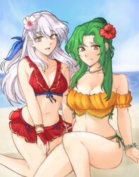  2girls :d absurdres bare_shoulders beach bikini bikini_skirt blue_sky blush breasts brown_eyes cleavage collarbone elincia_ridell_crimea elincia_ridell_crimea_(summer) fingerless_gloves fire_emblem fire_emblem:_radiant_dawn fire_emblem_heroes flower gloves green_hair grey_hair hair_flower hair_ornament hair_ribbon hibiscus highres large_breasts long_hair looking_at_viewer medium_breasts micaiah_(fire_emblem) micaiah_(summer)_(fire_emblem) miniskirt multiple_girls navel ocean off-shoulder_bikini off_shoulder official_alternate_costume open_mouth orange_bikini red_bikini red_gloves ribbon sand side-tie_bikini_bottom sitting skirt sky smile swimsuit tridisart wristband yellow_eyes 