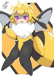  2023 4_fingers absurd_res anthro arthropod bee black_body black_fur blonde_hair blush claws cute_fangs female fingers fur hair hi_res hymenopteran insects open_mouth pawpads poison_honeybee_(solo_farming_in_the_tower) puffy_chest puniwanko purple_eyes queen_bee queen_poisonous_honeybee_(solo_farming_in_the_tower) simple_background solo solo_farming_in_the_tower tongue wave white_body white_fur wings yellow_body yellow_fur 