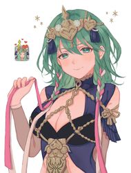  2girls bad_id bad_twitter_id braid breasts byleth_(female)_(fire_emblem) byleth_(fire_emblem) cleavage closed_eyes closed_mouth commentary_request cosplay crown fire_emblem fire_emblem:_three_houses flower green_eyes green_hair hair_flower hair_ornament hair_ribbon heart highres hoshido1214 large_breasts long_hair medium_hair multiple_girls rhea_(fire_emblem) ribbon ribbon_braid simple_background smile solo_focus sothis_(fire_emblem) sothis_(fire_emblem)_(cosplay) tiara twin_braids upper_body white_background 