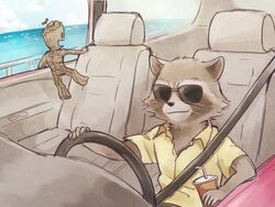  4:3 anonymous_artist anthro beverage black_nose brown_body brown_fur car casual_clothing clothing driving duo eyewear fur groot guardians_of_the_galaxy inside_car male mammal marvel marvel_cinematic_universe multicolored_body multicolored_fur plant procyonid raccoon railing rocket_raccoon sea shirt sunglasses topwear tree two_tone_body two_tone_fur vehicle water whiskers white_body white_fur yellow_clothing yellow_shirt yellow_topwear 