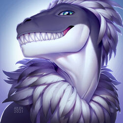  1:1 2021 ambiguous_gender anthro artist_name azuza bust_portrait dated dinosaur dromaeosaurid extinct feathered_dinosaur feathered_raptor feathered_scalie feathers glistening glistening_eyes gradient_feathers green_eyes grey_body grey_feathers grin head_feathers hi_res looking_at_viewer narrowed_eyes portrait prehistoric_species reptile scalie sharp_teeth simple_background smile solo teeth theropod white_body white_feathers 