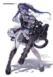  ammunition_belt apron bad_id bad_twitter_id blood blood_on_clothes blood_on_face breasts cleavage female fingerless_gloves gatling_gun gloves gun highres holding holding_gun holding_weapon huge_weapon m134_minigun machine_gun maid maid_apron maid_headdress original sayuna_sr shell_casing side_slit smoke smoking_barrel solo twintails underboob weapon 