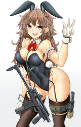  absurdres ammunition ammunition_pouch animal_ears arm_garter b&amp;t_mp9 black_hairband black_leotard black_thighhighs bow bowtie breasts brown_choker brown_eyes brown_hair buckle choker commentary_request covered_navel detached_collar fake_animal_ears fake_tail feet_out_of_frame female folding_stock foregrip frilled_thighhighs frills gloves gun gun_sling hairband highleg highleg_leotard highres large_breasts leotard long_hair lop_rabbit_ears magazine_(weapon) mikeran_(mikelan) open_mouth optical_sight original playboy_bunny pouch rabbit_ears rabbit_tail red_bow red_bowtie reflex_sight side-tie_leotard smile snap-fit_buckle solo spring_(object) strapless strapless_leotard submachine_gun tactical_playboy_bunny tail thigh_pouch thigh_strap thighhighs vertical_foregrip weapon white_gloves white_wrist_cuffs wrist_cuffs 