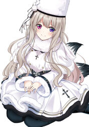  azur_lane black_pantyhose blue_eyes blush breasts buttons closed_mouth commentary cross cross_necklace double-breasted dress female fox_tail full_body fur-trimmed_dress fur-trimmed_sleeves fur_hat fur_scarf fur_trim grey_hair hair_between_eyes hat heterochromia irohasu_(mmgn7434) jewelry long_hair looking_at_viewer medium_breasts multiple_tails murmansk_(azur_lane) necklace own_hands_together pantyhose pleated_skirt purple_eyes simple_background sitting skirt smile solo tail underbust wariza wavy_hair white_background white_dress white_hat 