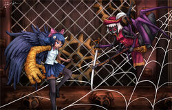  2girls antique_firearm arthropod_girl arthropod_limbs black_legwear blouse blue_eyes blue_hair blue_shirt blunderbuss bow captain_ellena_arachnia chelshia chimera duplicate gloves gun hairbow hat horns khimera_destroy_all_monster_girls multiple_girls open_mouth pirate_hat pixel-perfect_duplicate pleated_skirt protected_link ray-k red_eyes shirt short_hair silk skirt smile spider_girl spider_web sword weapon white_hair wings 