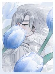  1boy androgynous blue_background blue_flower closed_mouth empty_eyes floating_hair flower frost_fog grey_eyes grey_hair grey_shirt highres long_hair long_sleeves looking_at_viewer looking_back male_focus original shirt solo tareme tulip two-tone_background upper_body white_background white_shirt wind 