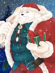  00makumakuma00 2019 3:4 anthro bear black_nose bottomwear christmas christmas_clothing christmas_headwear clothing crushfang_(sdorica_sunset) fur hat headgear headwear hi_res holidays humanoid_hands kumao male mammal overweight overweight_anthro overweight_male pants polar_bear santa_claus santa_hat scar sdorica shirt solo topwear ursine white_body white_fur 