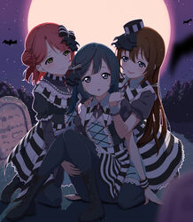  3girls amagi_(volfuji) azuna_(love_live!) bat_(animal) black_hair blue_eyes boots brown_hair commentary_request full_moon grey_eyes hair_bun hair_ornament hat highres long_hair long_sleeves looking_at_viewer love_live! love_live!_nijigasaki_high_school_idol_club maze_town_(love_live!) moon multiple_girls night night_sky orange_hair osaka_shizuku pantyhose short_hair short_sleeves side_ponytail sidelocks single_hair_bun sitting sky star_(sky) starry_sky tombstone uehara_ayumu yellow_eyes yuki_setsuna_(love_live!) 