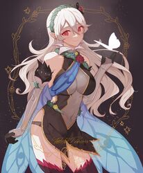  bare_shoulders black_panties breasts cleavage corrin_(female)_(fire_emblem) corrin_(female)_(resplendent)_(fire_emblem) corrin_(fire_emblem) detached_sleeves female fffera fire_emblem fire_emblem_fates fire_emblem_heroes gloves hair_between_eyes hairband highres large_breasts long_hair looking_at_viewer midriff navel official_alternate_costume panties panty_straps pointy_ears red_eyes see-through smile solo thighhighs underwear white_hair wing_cape 