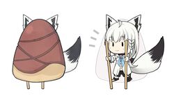  absurdres ahoge animal_ears bamboo_shoot blue_neckerchief braid commentary_request detached_sleeves earrings female fox_ears fox_girl fox_tail hair_between_eyes highres hololive hood hoodie jewelry long_hair neckerchief notice_lines oruyanke_(shirakami_fubuki) shirakami_fubuki shirakami_fubuki_(1st_costume) short_shorts shorts simple_background single_braid stilts tail tonogai_yoshiki virtual_youtuber white_background white_hair white_hoodie |_| 