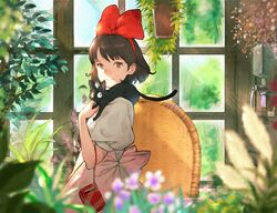  animal animal_on_shoulder apron bad_id bad_pixiv_id black_cat blurry bob_cut bow brown_eyes brown_hair cat_on_shoulder cat_teaser chair closed_mouth commentary_request depth_of_field dress feline female flower from_side hairband hairbow hanging_plant herb_bundle highres indoors jiji_(majo_no_takkyuubin) kiki_(majo_no_takkyuubin) kuroimori looking_at_viewer looking_to_the_side machinery majo_no_takkyuubin pink_apron plant potted_plant puffy_short_sleeves puffy_sleeves red_bow short_hair short_sleeves smile swept_bangs table tablecloth white_dress window 