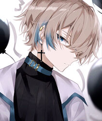  1boy 90_cis bad_id bad_pixiv_id blonde_hair blue_eyes blue_hair brown_hair colored_tips cross cross_earrings ear_piercing earrings highres jewelry male_focus multicolored_hair original pale_skin piercing simple_background solo white_background 