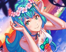  aqua_bow aqua_eyes aqua_hair bad_id bad_pixiv_id blue_sky blurry blurry_foreground blush bow breasts bubble choker cleavage commentary_request dress dutch_angle eyelashes female flower flower_wreath hair_ornament hands_up head_wreath long_hair looking_at_viewer medium_breasts nine_violet ocean rapa_rachi short_eyebrows sky solo sundress twin_angel twin_angel_break upper_body white_dress 