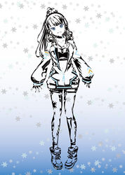  absurdres bad_id bad_pixiv_id blue_eyes choker collarbone commentary_request crop_top eyelashes female fingernails gradient_background hair_bobbles hair_ornament head_tilt headphones high_ponytail highres jacket legs limited_palette long_hair mole mole_under_mouth monochrome navel nijisanji oo7sisi open_clothes open_jacket setsuna_(3rd_costume)_(nijisanji) setsuna_(nijisanji) shoes sleeves_past_wrists smile sneakers snowflake_background snowflakes solo spot_color virtual_youtuber zipper_pull_tab 