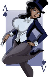  absurdres ace_(playing_card) ace_of_spades black_hair black_legwear black_leotard blazer blue_eyes bow bowtie breasts card cleavage closed_mouth commentary dark-skinned_female dark_skin dc_comics english_commentary female hand_on_own_hip hat high_heels highres holding holding_wand jacket justice_league knee_up large_breasts leotard lips long_hair long_sleeves looking_to_the_side open_clothes playing_card regeice shadow shirt solo sonson-sensei spade_(shape) standing standing_on_one_leg tan top_hat wand western_comics_(style) white_bow white_bowtie white_shirt zatanna_zatara 