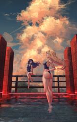  2girls absurdres ass barefoot bikini blonde_hair breasts cloud competition_swimsuit full_body highres legs love_money_rock&#039;n&#039;roll multiple_girls one-piece_swimsuit sainty scenery self-upload sky swimsuit thighs 