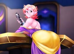  aka_nobodyy ass back bare_shoulders blush breasts chronoa colored_skin detached_sleeves dragon_ball dragon_ball_xenoverse dress earrings female from_behind grin highres holding holding_scroll indoors jewelry large_breasts looking_back orange_hair pink_skin pointy_ears potara_earrings prototype_design purple_dress scroll short_hair smile solo table twitter_username underboob 