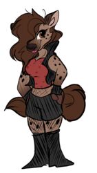  4k 9:16 absurd_res anthro baja_gryphon boots bottomwear brown_hair clothing digital_media_(artwork) female fishnet_clothing footwear gloves hair handwear helena_(bonk6) hi_res hyena jacket mammal shorts solo spotted_hyena tongue tongue_out topwear 