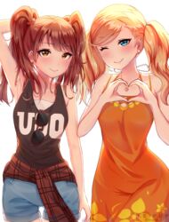  2girls ;) armpits bare_shoulders black_tank_top blonde_hair blue_eyes blush brown_hair casual closed_mouth cosplay costume_switch denim denim_shorts dress earrings heart heart_hands jewelry keipup kujikawa_rise kujikawa_rise_(cosplay) looking_at_viewer multiple_girls one_eye_closed orange_dress persona persona_4 persona_5 shorts smile sunglasses takamaki_anne takamaki_anne_(cosplay) tank_top twintails twitter_username white_background yellow_eyes 