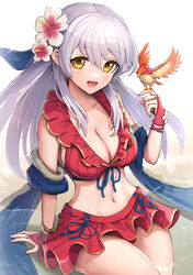  absurdres bikini bird bird_on_hand blue_ribbon breasts bridal_gauntlets cleavage female fire_emblem fire_emblem:_radiant_dawn fire_emblem_heroes flower frilled_bikini frills gloves gonzarez hair_flower hair_ornament hair_ribbon highres large_breasts long_hair looking_at_viewer medium_breasts micaiah_(fire_emblem) micaiah_(summer)_(fire_emblem) navel official_alternate_costume partially_submerged red_bikini red_gloves ribbon sitting smile solo swimsuit thighs white_background yellow_eyes yune_(fire_emblem) 