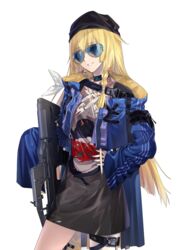  absurdres assault_rifle black_choker black_headwear black_skirt blonde_hair blue-tinted_eyewear blue_eyes blue_jacket blue_nails braid choker commission feet_out_of_frame female girls&#039;_frontline gun hand_on_own_hip highres holding holding_gun holding_weapon jacket long_hair long_sleeves looking_at_viewer nail_polish open_clothes open_jacket open_mouth parted_lips pixiv_commission print_shirt rifle shirt skirt smile solo standing sunglasses suprii tinted_eyewear vhs-d2 vhs_(girls&#039;_frontline) weapon white_background white_shirt 