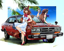  2girls alternate_costume animal_ears belt blush bracelet breasts brown_hair car commentary_request dress earrings eyewear_on_head floral_print glint green_eyes green_shirt hand_on_own_hip high_heels highres horse_ears horse_girl horse_tail jewelry key light_rays long_hair looking_at_viewer maruzensky_(umamusume) medium_breasts motor_vehicle multicolored_hair multiple_girls oota_alisa open_mouth outdoors palm_leaf pink_footwear pink_nails purple_eyes shirt signature single_earring sleeveless sleeveless_dress sleeveless_shirt smile sunbeam sunglasses sunlight symboli_rudolf_(umamusume) tail umamusume vehicle_focus watch white_dress wristwatch 