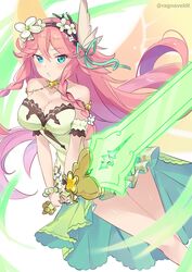  artist_name bare_shoulders blue_eyes blush breasts cleavage collarbone dragalia_lost dress female flower hair_flower hair_ornament hair_ribbon highres holding holding_sword holding_weapon large_breasts long_hair notte_(dragalia_lost) pink_hair pleated_dress pout pouty_lips ragnaveldt ribbon solo strapless strapless_dress sword twitter_username very_long_hair weapon 