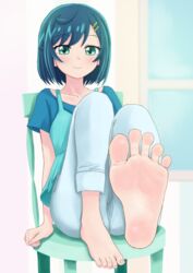  aqua_camisole barefoot blue_hair blue_pants blue_shirt blurry blurry_background blush camisole camisole_over_clothes chair closed_mouth collarbone commentary_request delicious_party_precure eyelashes feet female foot_focus foot_up foreshortening full_body fuwa_kokone green_eyes hair_ornament hairclip highres hinosaki indoors knees_up legs medium_hair pants precure shadow shirt short_sleeves sitting smile soles solo swept_bangs thighs toenails toes window 