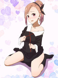  absurdres black_socks blush breasts collarbone commentary_request earrings female hair_bun hair_ribbon heart heart_background highres hugimosi jewelry kaguya-sama_wa_kokurasetai_~tensai-tachi_no_renai_zunousen~ koyasu_tsubame long_hair looking_at_viewer loose_clothes medium_breasts on_floor panties panty_peek parted_lips pink_eyes pink_hair ribbon school_uniform shuuchiin_academy_school_uniform single_bare_shoulder single_earring single_hair_bun single_sidelock sitting smile socks solo string_around_finger thighs underwear undressing untying wariza 