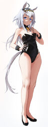  absurdres ahoge animal_ears bare_legs bare_shoulders blue_eyes blue_nails breasts closed_mouth detached_collar female food food_on_face full_body grey_hair grey_tail hand_on_own_hip hand_up highres horse_ears horse_girl horse_tail leotard long_hair looking_at_viewer medium_breasts nail_polish non09_24 nontraditional_playboy_bunny oguri_cap_(umamusume) playboy_bunny simple_background solo tail umamusume white_background wrist_cuffs 