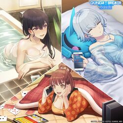  3girls absurdres alternate_language bathing bathroom bathtub bed black_hair blue_hair breasts brown_eyes brown_hair card cleavage closed_eyes commentary copyright_name copyright_notice earphones english_text gouf gundam gundam_breaker_mobile hairband haro highres holding holding_phone ichinose_yuri kotatsu kotomori_ren kuzunoha_rindou large_breasts long_hair medium_breasts miyama_sana multiple_girls new_year nishi_katsunori official_art ono_masayoshi open_mouth phone playing_card purple_eyes sleeping small_breasts table tablet_pc taiki_(luster) television topknot under_kotatsu under_the_table wet wet_hair wet_towel white_hairband 