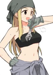  :d adjustable_wrench armpits bandana bandeau bare_shoulders black_bandeau black_eyes blonde_hair blush breasts breath cleavage clothes_around_waist commentary cowboy_shot female fullmetal_alchemist gloves grey_bandana grey_gloves grey_overalls hand_on_own_hip highres holding holding_wrench large_breasts long_hair looking_ahead matsuda_hikari midriff navel open_mouth overalls overalls_rolled_up sidelocks simple_background smile solo strapless sweat tied_sleeves tube_top white_background winry_rockbell wiping_sweat wrench 