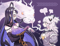  2girls ahoge alchemy_stars arms_under_breasts arrow_(symbol) black_eyes black_hair breasts cleavage colored_inner_hair detached_sleeves dress english_commentary florine_(alchemy_stars) glasses grey_hair grey_shirt hair_ornament hand_up hands_on_own_hips jl_seiko large_breasts long_hair multicolored_hair multiple_girls neckerchief pout puff_of_air red_eyes sailor_collar semi-rimless_eyewear sheol_(alchemy_stars) shirt sidelocks sleeveless sleeveless_dress small_breasts smile snake teeth two_side_up upper_body white_neckerchief 