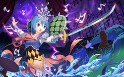  blue_eyes blue_hair cosplay highres holding holding_sword holding_weapon lisong_shen mahou_shoujo_madoka_magica mahou_shoujo_madoka_magica_(anime) miki_sayaka musical_note navel oktavia_von_seckendorff oktavia_von_seckendorff_(cosplay) open_mouth short_hair sword weapon 