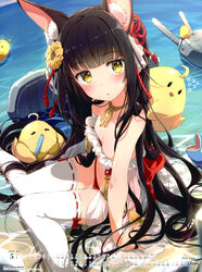  absurdres animal animal_ear_fluff animal_ears arm_support artist_name azur_lane bare_shoulders bikini bird black_hair blush collar collarbone day female flat_chest food frills hair_ornament highres long_hair looking_at_viewer manjuu_(azur_lane) nagato_(azur_lane) nagato_(great_fox&#039;s_respite)_(azur_lane) navel ocean official_art ogipote outdoors parted_lips popsicle scan see-through simple_background sitting stomach swimsuit thighhighs water yellow_eyes 